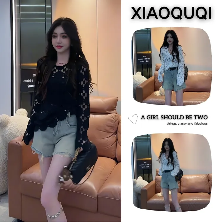 夏季超火两件套2025年新款韩系御姐风蕾丝镂空上衣牛仔短裤两件套