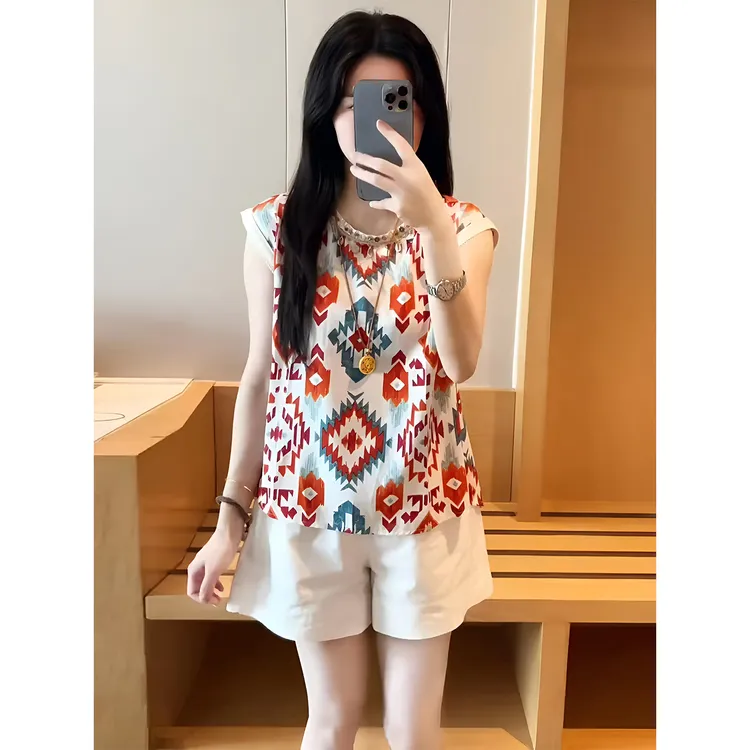 民族风织带印花短袖套装2025夏季新款休闲减龄T恤上衣休闲短裤