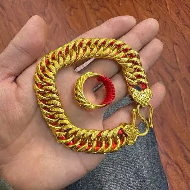 铜合金手链 藏式黄铜镀金的男士像黄金一样的手链戒指两件套