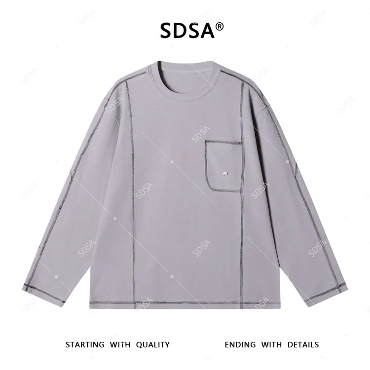 SDSA秋季新款男士痞帅韩系简约压线口袋圆领长袖T恤宽松百搭上衣