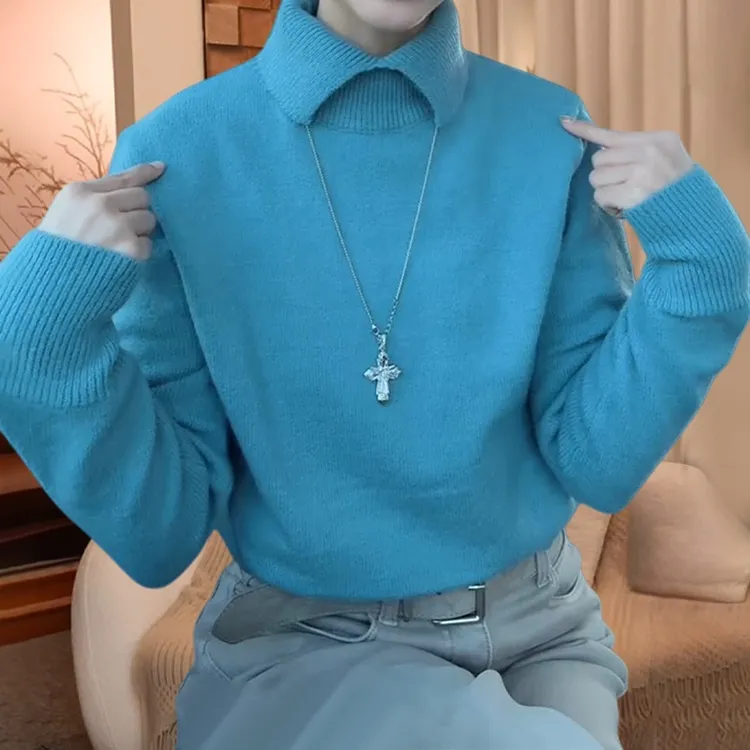 韩系设计感翻领高领毛针织衫女秋冬宽松显瘦舒适软糯慵懒套头上衣
