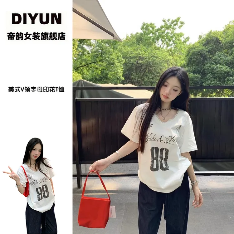 【帝韵】夏季穿搭美式V领印花短袖t恤女蕾丝拼接纯欲慵懒风女装上衣