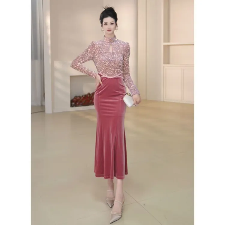 沐子的轻奢私藏【Mu/zi51528】秋季长款时尚气质修身显瘦拼接连衣裙