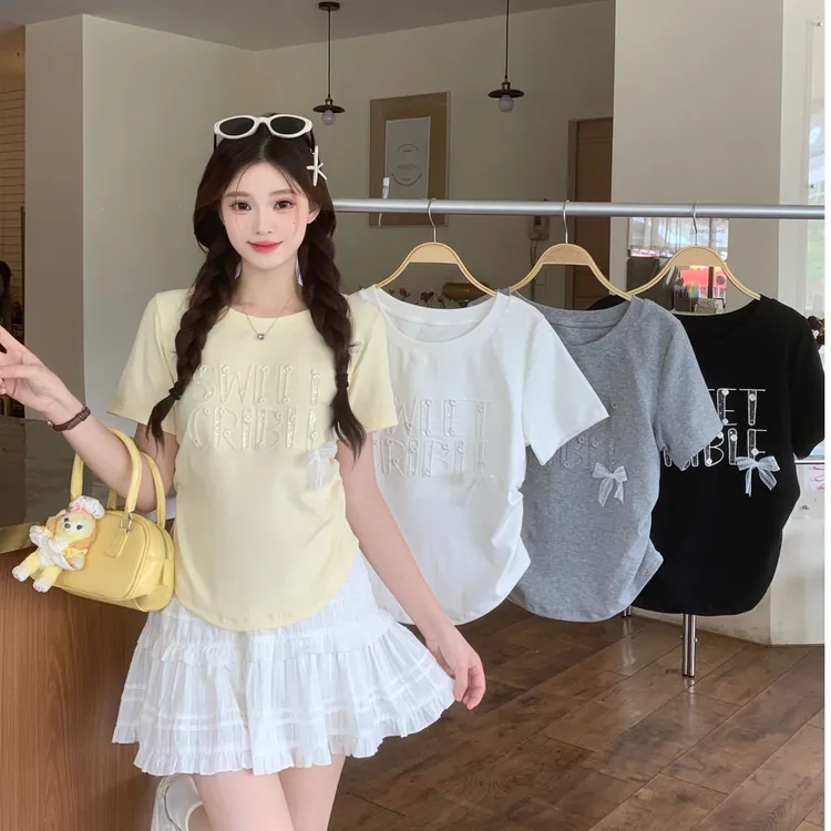 2025大码女装新款正肩蕾丝字母T恤短袖百搭半身裙A字裙套装3231 
