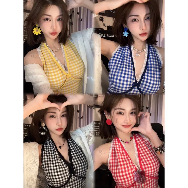 多巴胺格子辣妹背心吊带女夏季性感挂脖上衣外穿【带杯垫带蝴蝶】