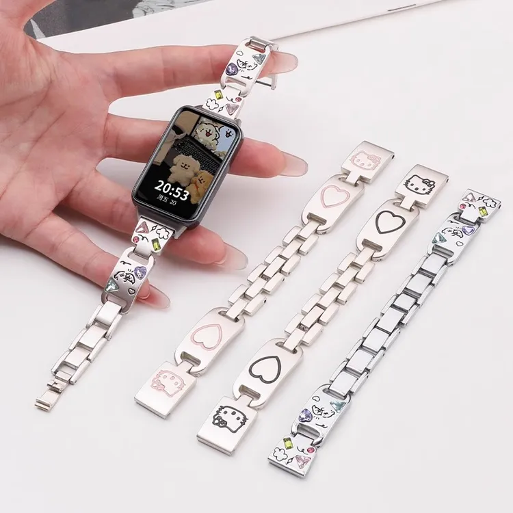 适用荣耀手环10/9表带线条小狗 凯蒂猫kitty金属表链高级轻奢腕带