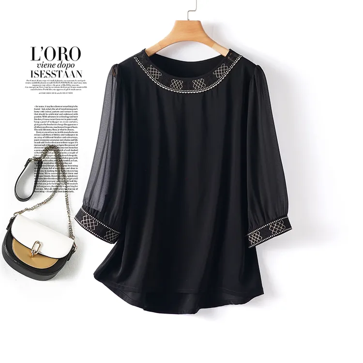 黑色重工刺绣真丝短袖上衣女2025夏季新款圆领桑蚕丝衬衫t恤小衫