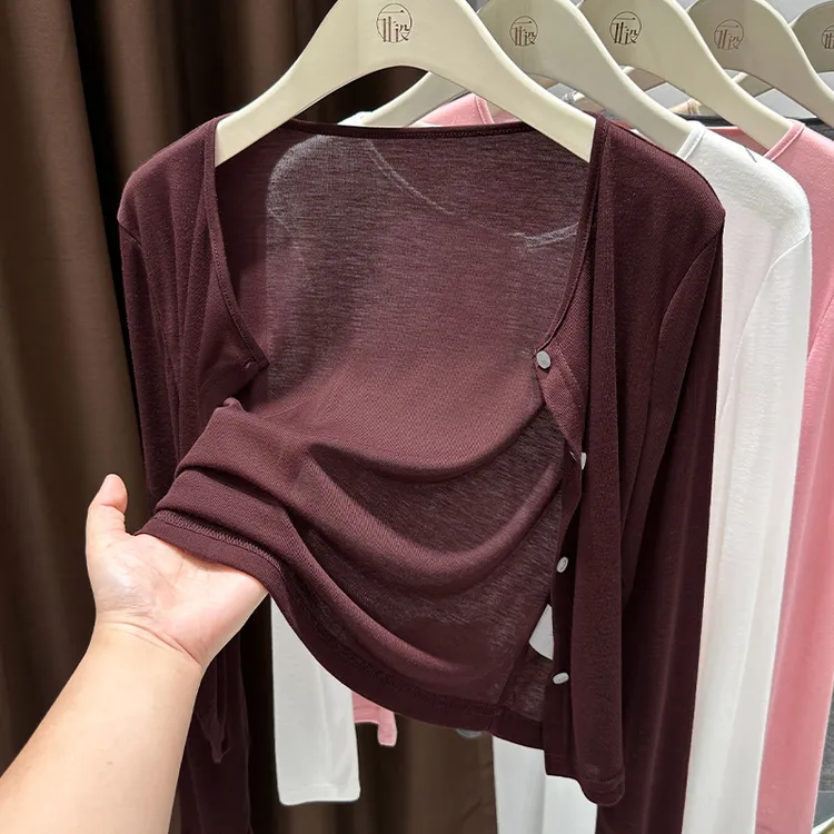 安可拉红冰丝轻薄开衫女夏季莫代尔软糯长袖外套配吊带裙外搭罩衫