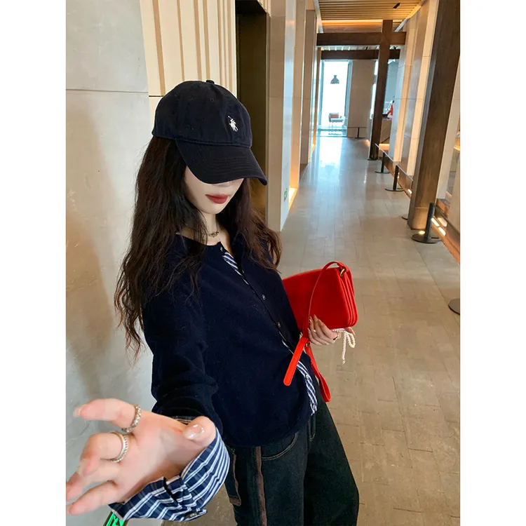 921藏蓝色拼接假两件针织开衫女早秋内搭打底衫宽松毛衣短款外套
