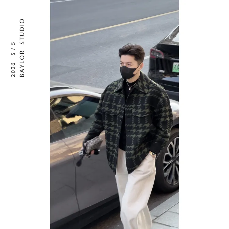 25冬顶奢系列 定制羊毛混纺 复古暗纹千鸟格 短款羊毛羽绒服外套