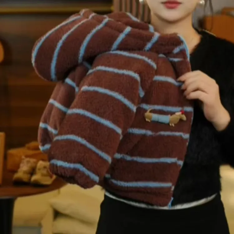 儿童条纹家居服套装2025冬季新品男女童加绒加厚连帽韩系保暖两件