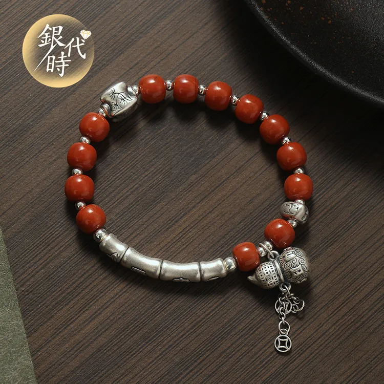 银时代s925银南红设计款珠宝竹节女款老银气质百搭国风手串
