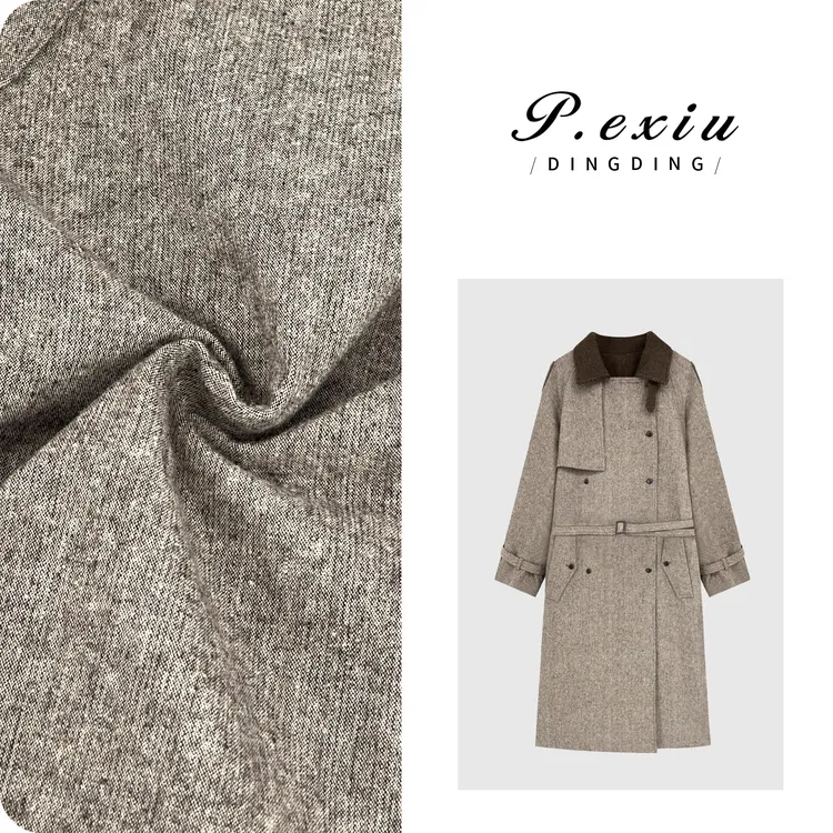 羊毛复古老钱风拼接格纹撞色双排扣腰带翻领羊毛大衣M9125