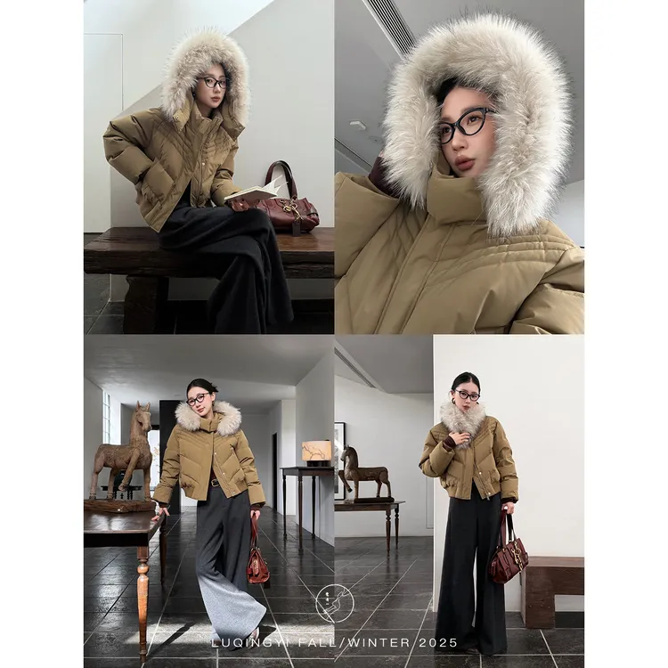 鹭青一原创【暖壳】三星90白鸭绒貉子毛短款羽绒服L25Y7668B