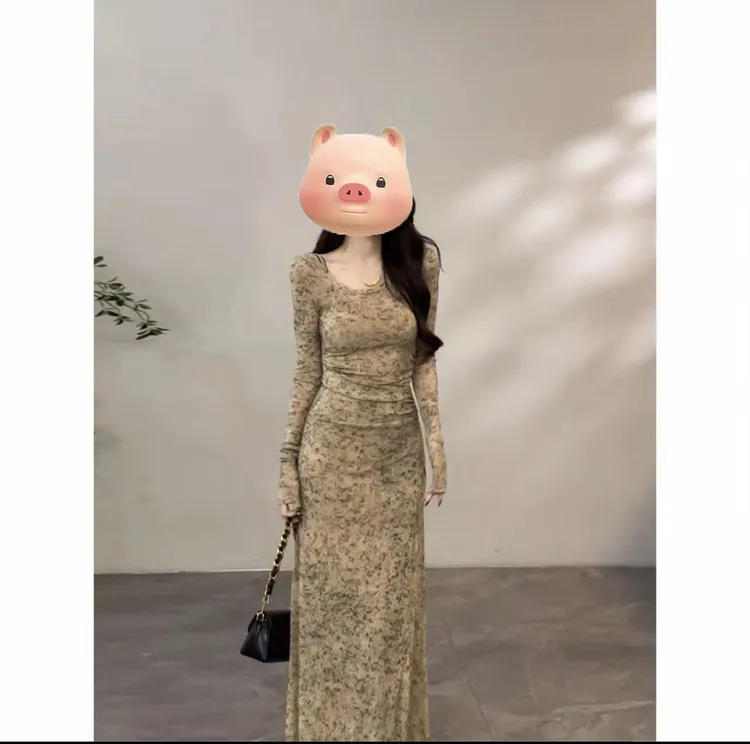 早秋新款长袖扎染连衣裙极简风裙子修身复古长裙3407#