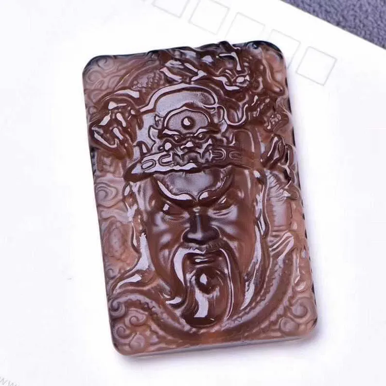 纯天然冰种黑曜石关公牌吊坠男女毛衣链忠义千秋武财神关二爷挂件