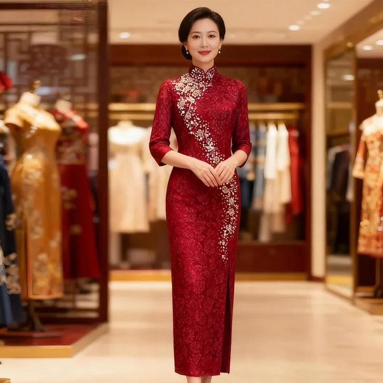 枣红色出阁宴喜妈妈敬酒服旗袍 新款婚礼喜婆婆长款高端绣花礼服