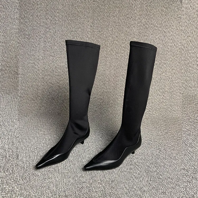 露涵思 显腿瘦弹力靴子猫跟套筒瘦瘦靴子秋冬新款拼接尖头高靴4cm