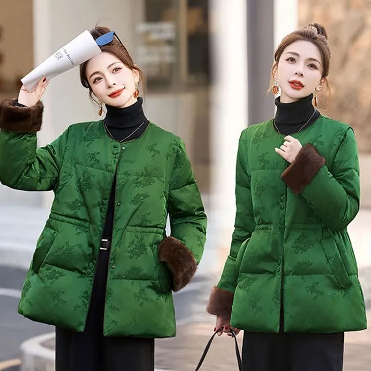 时尚复古新中式提花棉服外套女秋冬高级感别致收腰保暖加厚棉衣潮