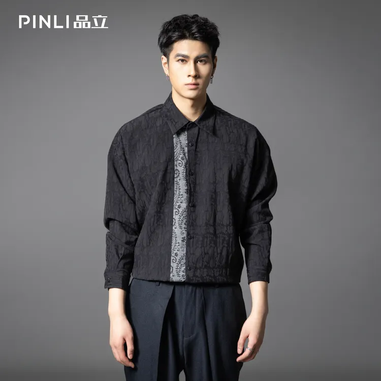 PINLI品立2025秋季新款男撞色拼接衬衫腰果花提花宽松长袖衬衣潮