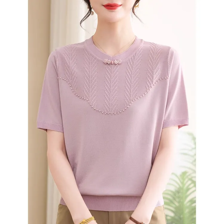 妈妈夏装新中式冰丝短袖T恤百搭上衣中老年女士国风针织小衫套装