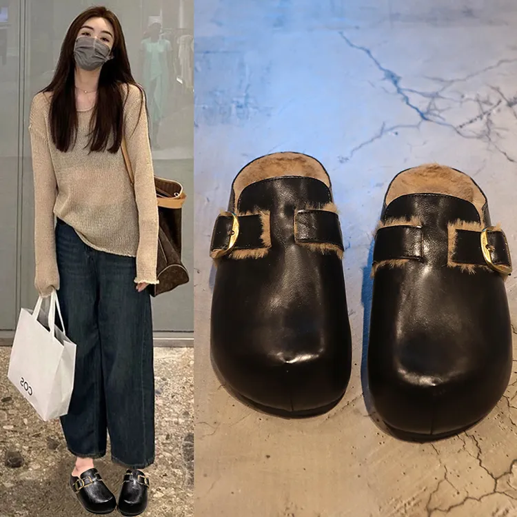 厚底皮面加绒勃肯鞋毛毛包头半拖鞋女外穿2025秋冬新款一脚蹬棉拖
