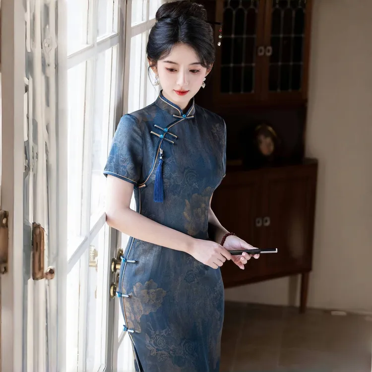 高档旗袍新中式2025夏季新款双层气质改良日常复古修身长款连衣裙