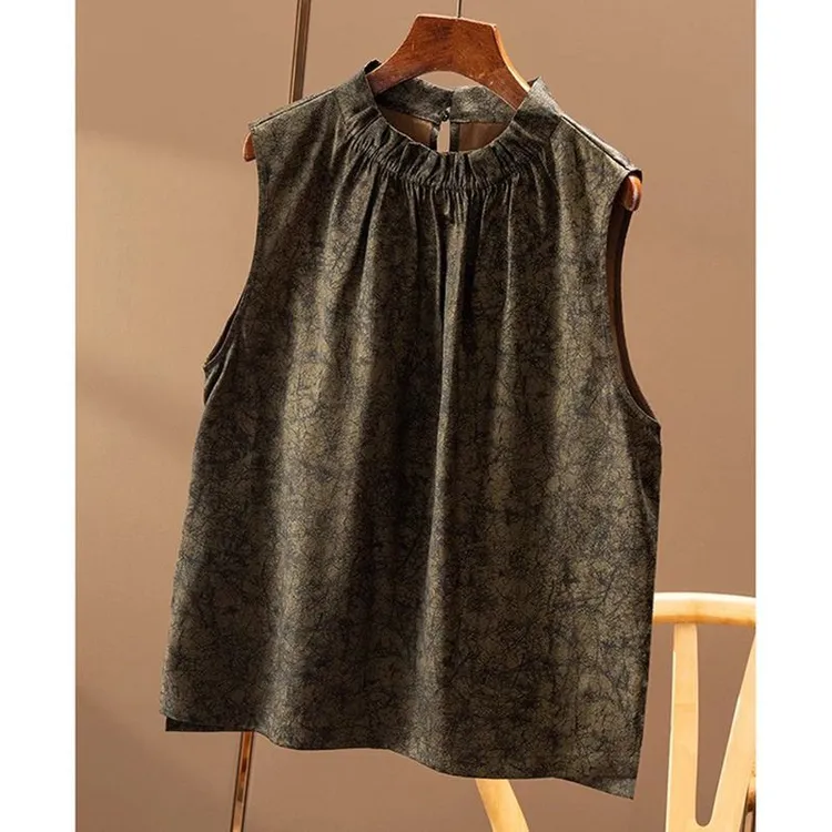 夏季外穿气质通勤低奢优雅 宽松花边立领显瘦香云纱无袖衬衫背心