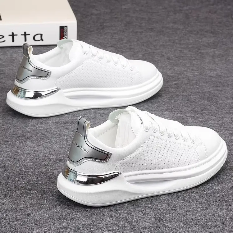 【香港QXWB&Shoes官方正品】透气小白鞋男士秋季厚底低帮冲孔休闲鞋