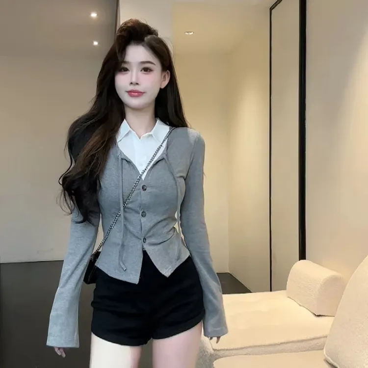 悠然时尚气质POLO领假两件长袖衬衫女秋季新款不规则修身上衣