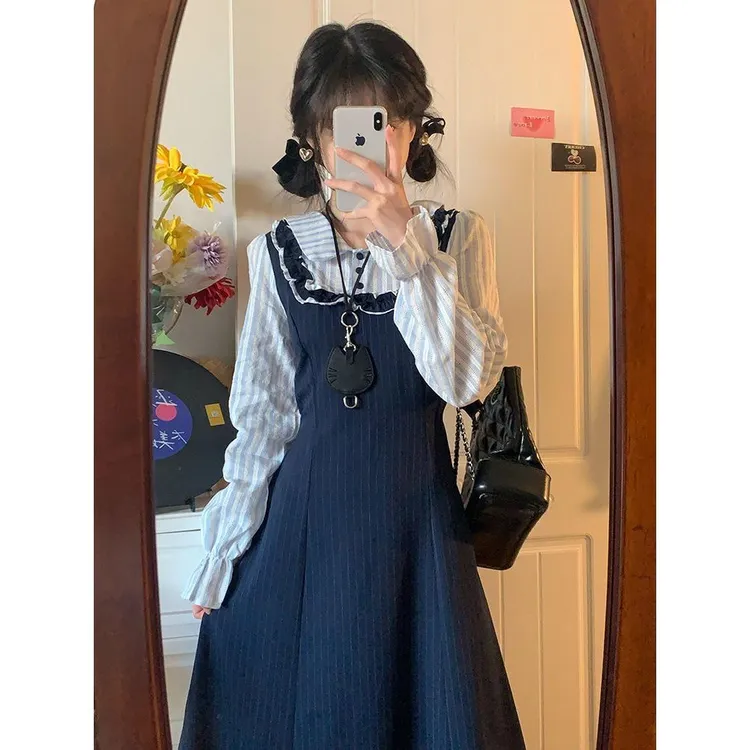 【海岛少女】2025秋季新款法式气质假两件连衣裙文艺学院风收腰长裙