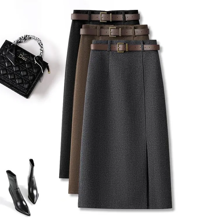 灰色毛呢a字半身裙女秋冬季2025新款超好看直筒开叉西装裙包臀裙