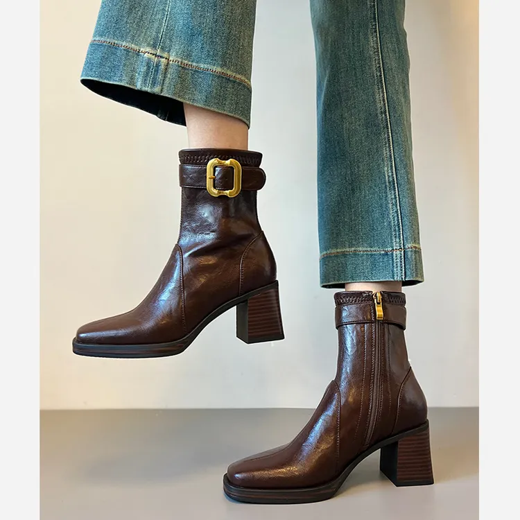 羊皮版~静音底方头高跟短靴女轻奢粗跟瘦瘦靴百搭显瘦新款马丁靴