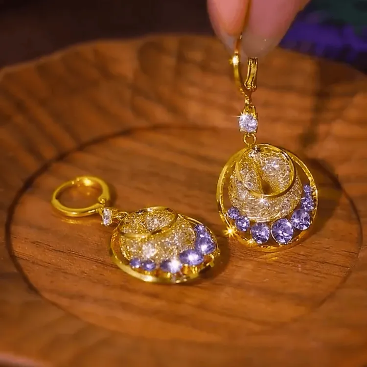 铜合金锆石耳饰 2025新款紫色圆形玫瑰花耳环精美优雅大气耳饰女