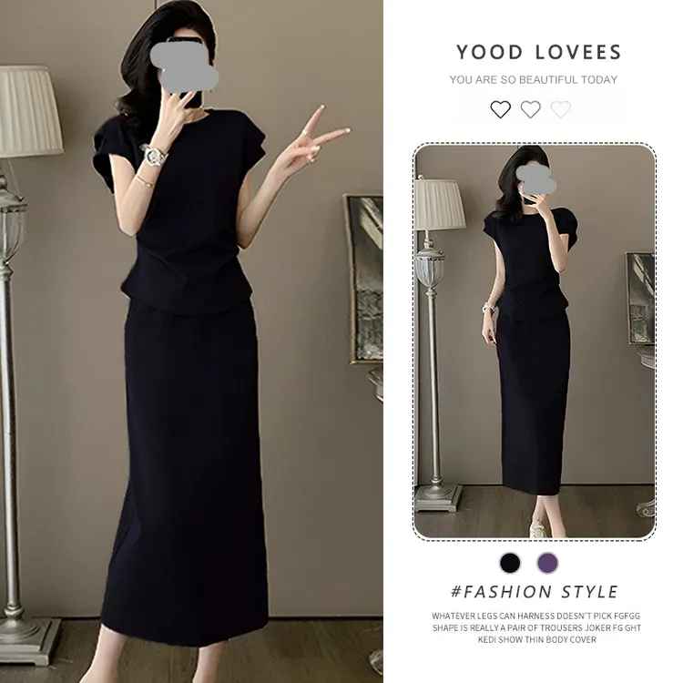 时尚气质减龄运动套装裙女夏新款紫色圆领短袖上衣半身长裙两件套