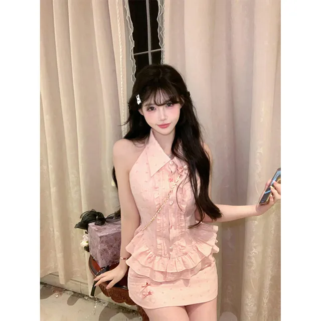 小个子穿搭一整套夏季纯欲风高级感无袖上衣+半身短裙两件套装女