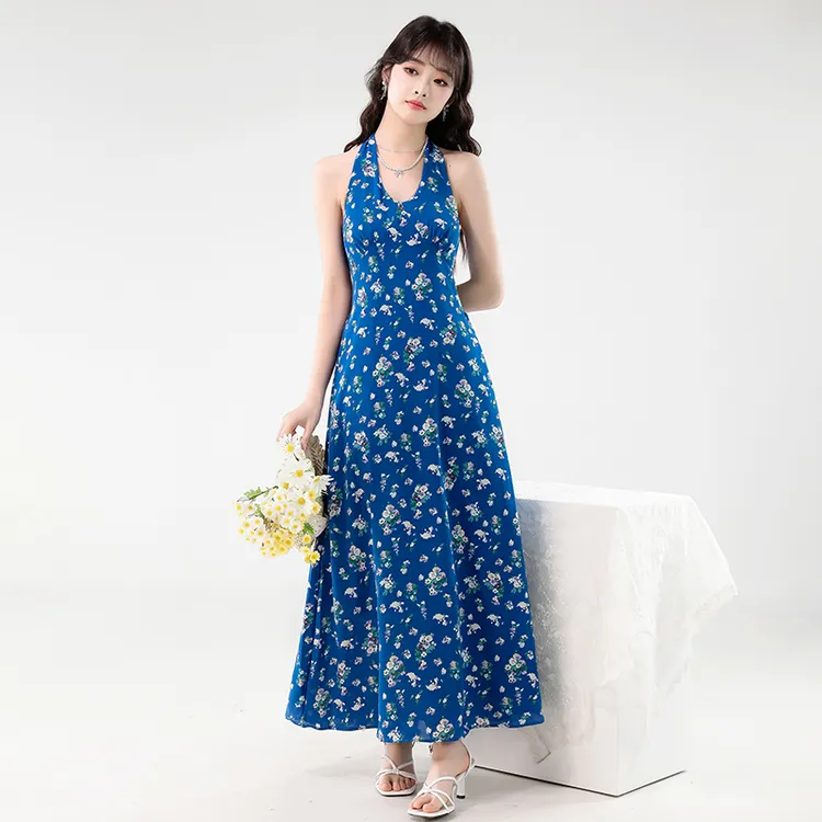 2025夏季新款碎花挂脖连衣裙女气质复古V领绑带背心长裙女绝美裙
