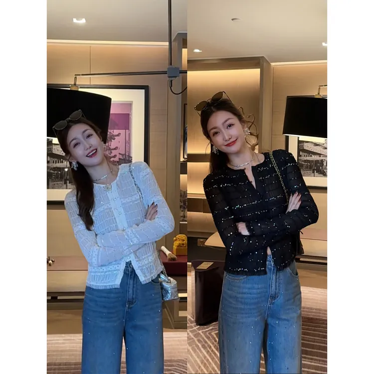 W·HAHA【部分现货】【塞纳旋律】千金风亮片钉珠刺绣开衫上衣80811