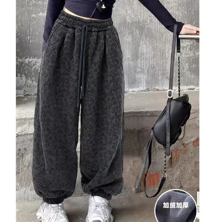 男女童豹纹加绒加厚裤子冬季休闲一体绒中大童潮童休闲裤外穿长裤