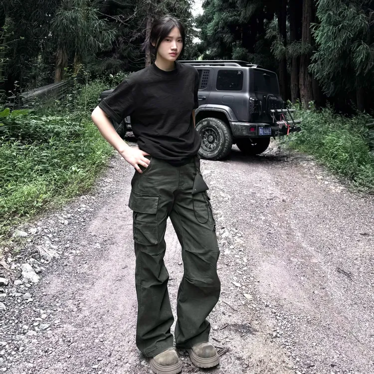 TSSSISI 墨绿灰圆圆圆同款户外褶皱做旧磨边美式休闲中性风工装裤