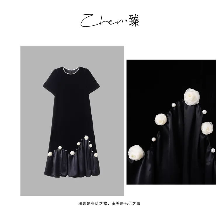 ZHEN.臻 法式不规则设计钉珠玫瑰花真丝丝绒显瘦连衣裙LYQ8203Z