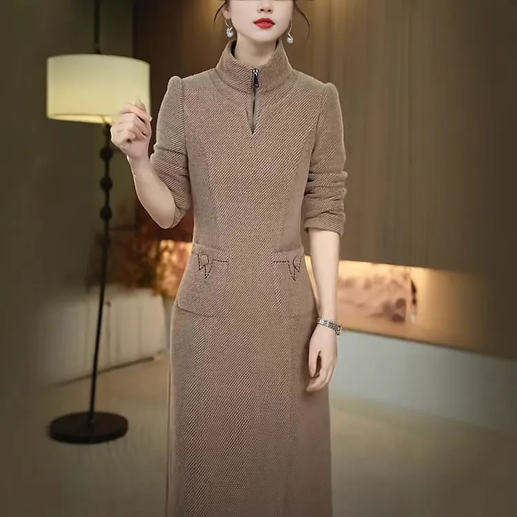 [暖晴川]秋冬新款气质修身显瘦小翻领防风保暖加厚连衣裙打底裙