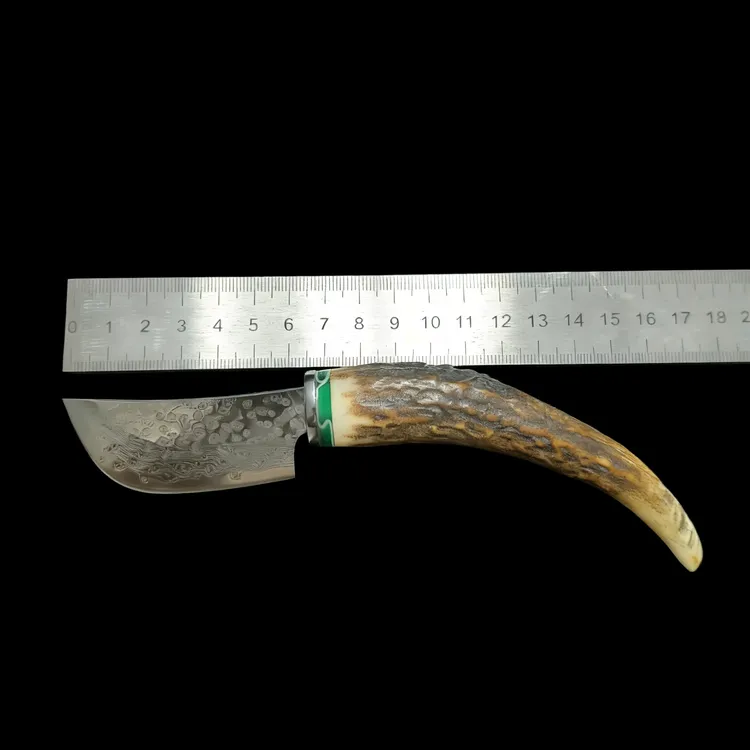 鹿角牛骨柄白铜雕花大马士革小刀户外烧烤切肉典藏小刀