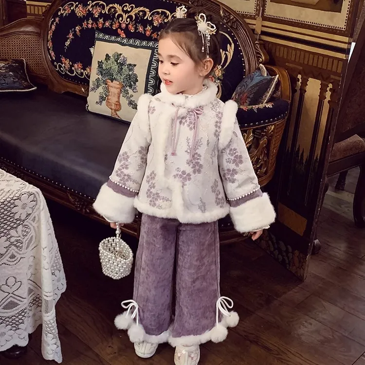 女 童汉服拜年服套装秋冬装加绒儿 童过年唐装宝宝周岁礼服冬季