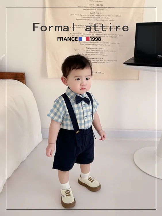 男童夏季短裤套装婴童短袖T恤衬衣背带裤绅士礼服百天周岁生日服