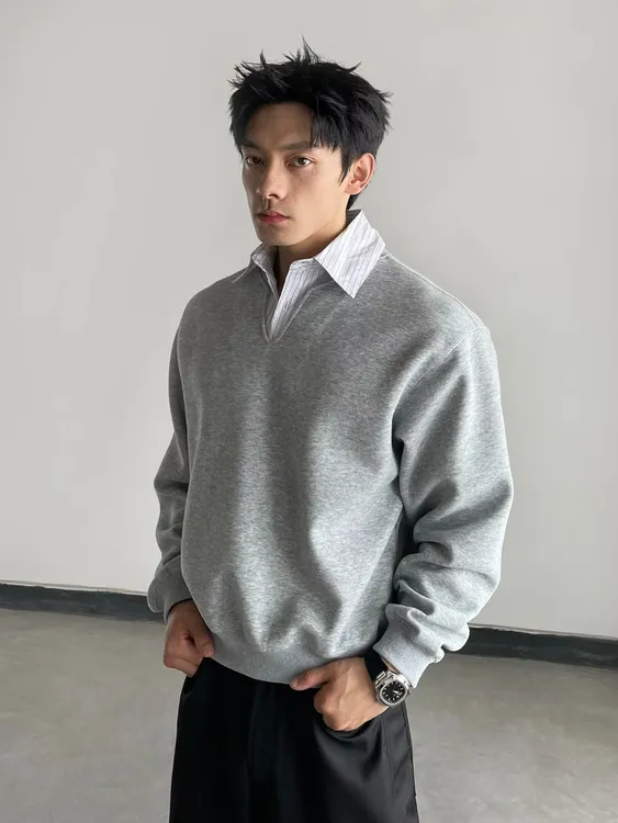 【知识分子】条纹拼接polo领洛卡抗皱空气层长袖t恤老钱风cleanfit