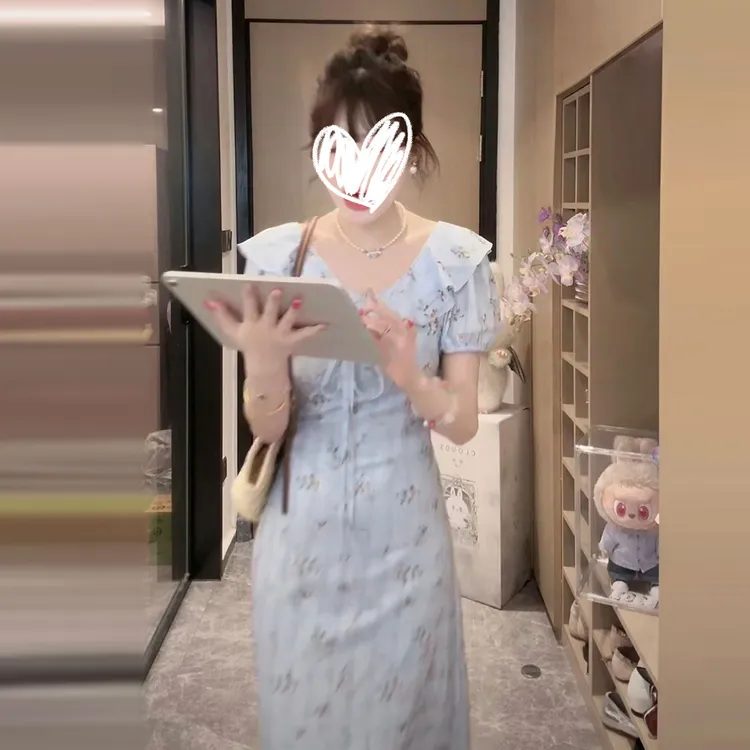 【现货+运补】法式气质荷叶边蓝色碎花连衣裙女夏收腰长裙清仓4760