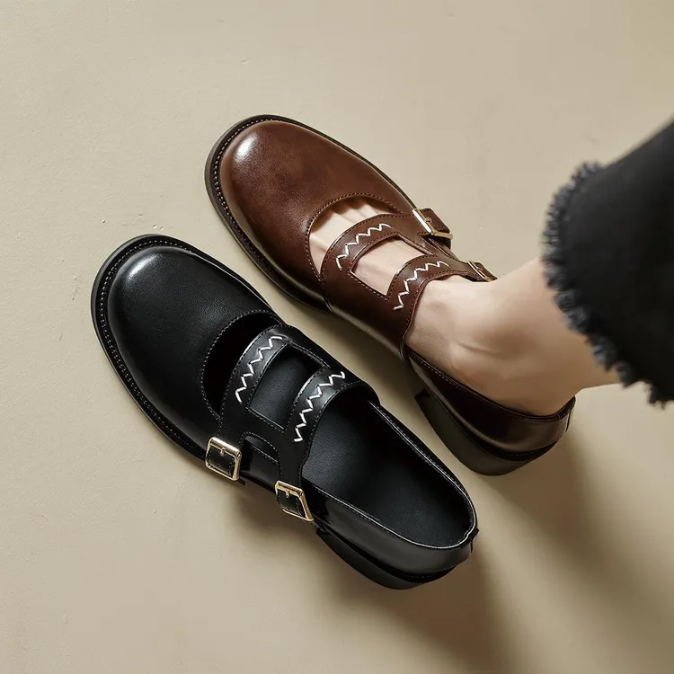 2025春秋新款粗跟JK圆头休闲百搭牛皮女单鞋乐福鞋复古镂空玛丽珍