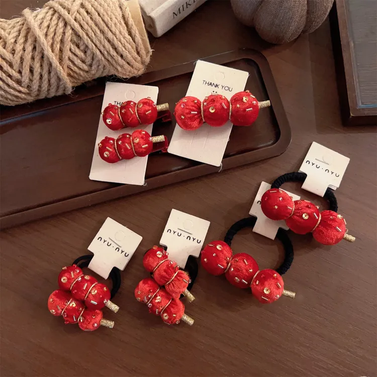 新年中国风糖葫芦可爱发圈皮筋红色喜庆头饰女童高级感丝绒头绳