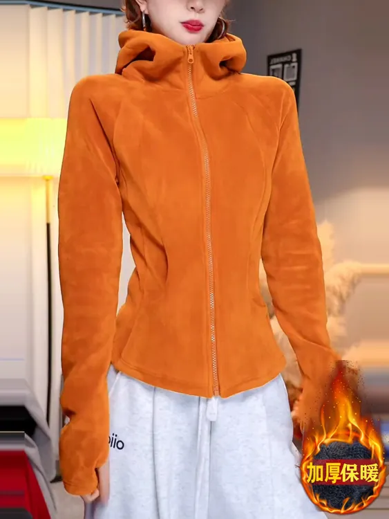 欧货橙色柔绒质感连帽长袖2025秋冬新款修身保暖大码修身上衣女